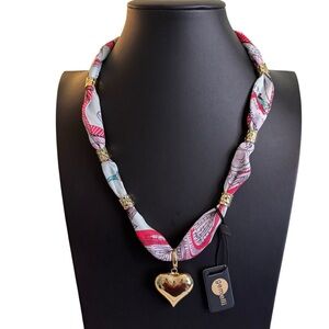 Gorgeous Multi-Colored Satin Scarf Puff Heart Pendant Necklace.